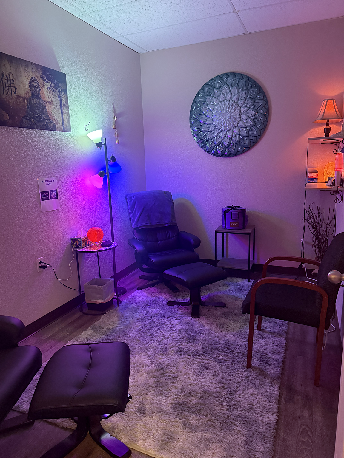 Massage Haven studio room with reclining chairs, wall art, and soft colored lighting