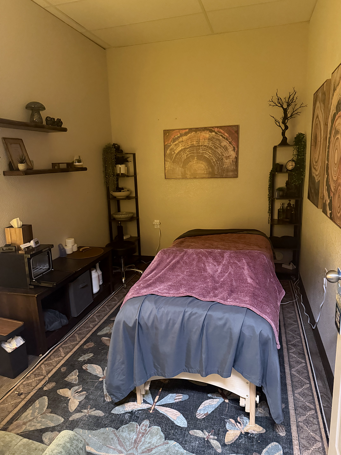 Rachel’s massage table with shelves and artwork, viewed from the doorway