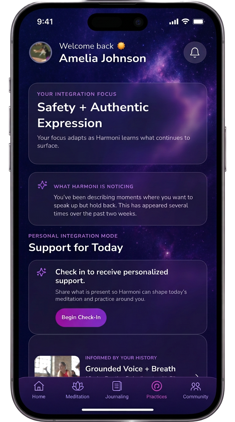 The Harmoni app on a phone, showing an integration focus screen over a galaxy background