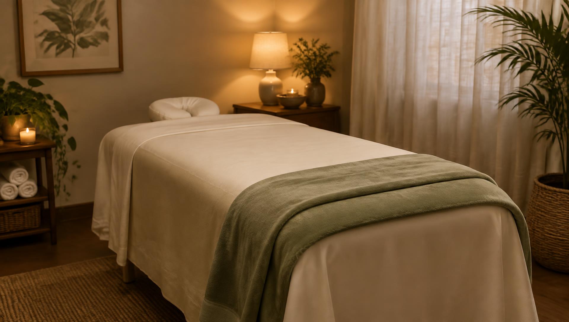 A massage table dressed with ivory sheets and a sage blanket
