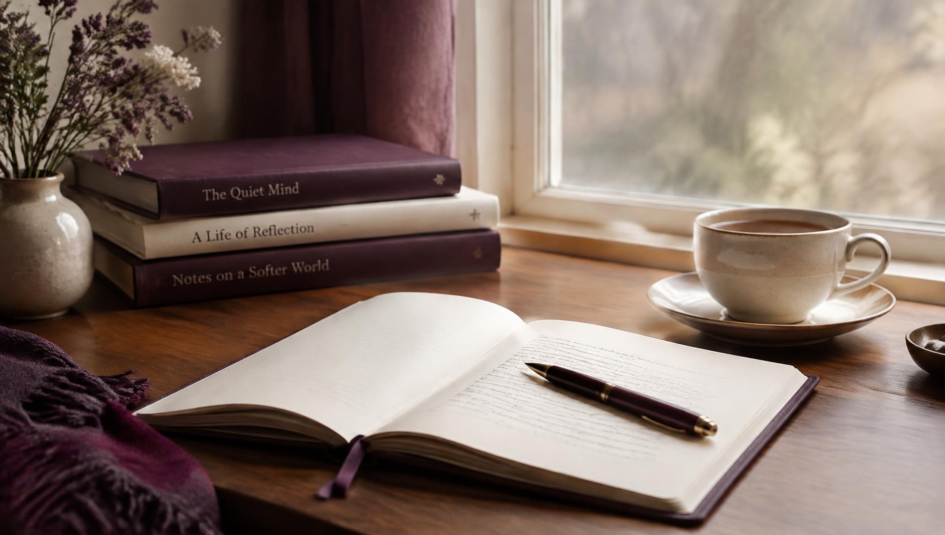 An open journal and tea beside a window