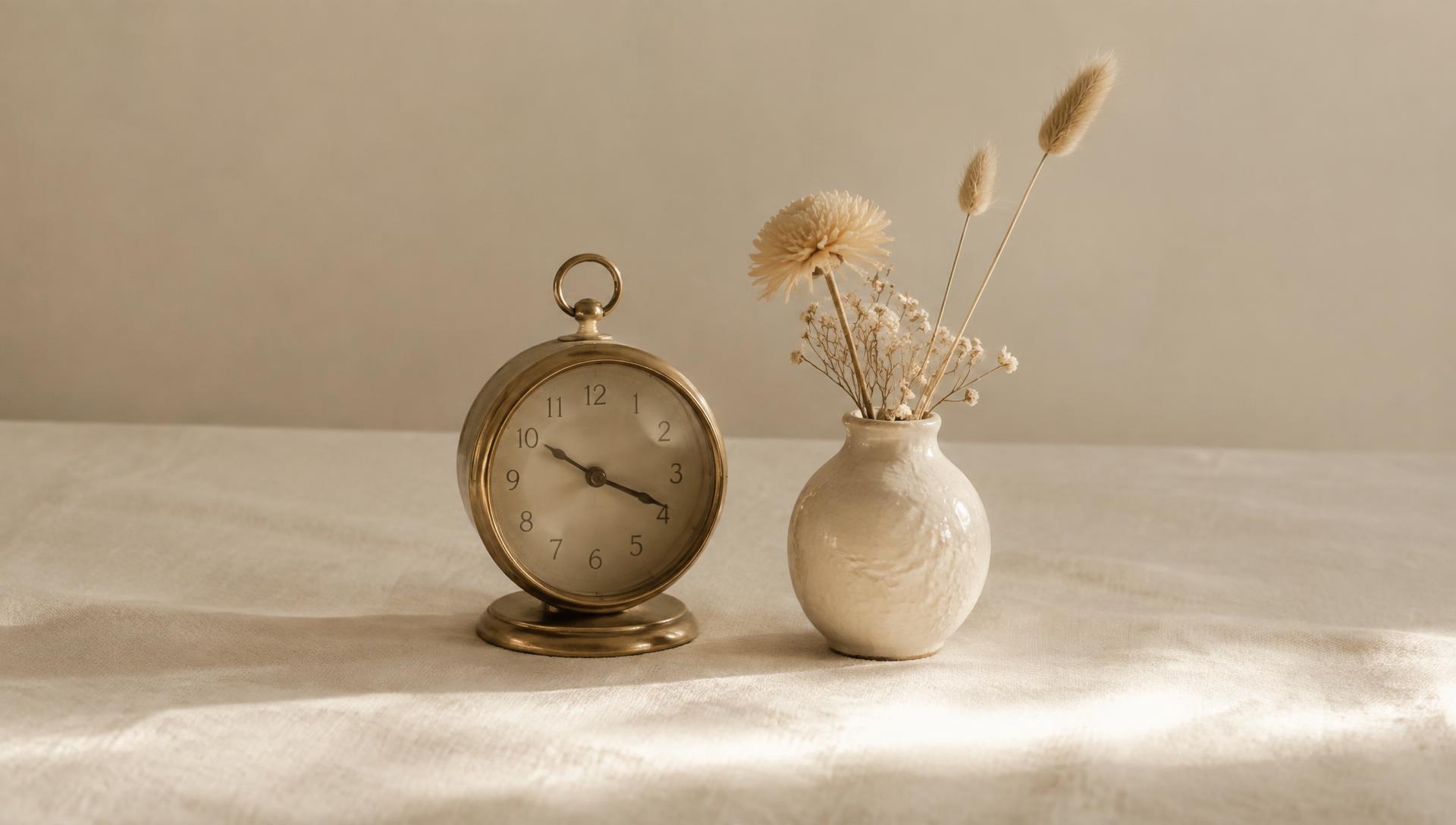 A brass clock and dried flowers on ivory linen