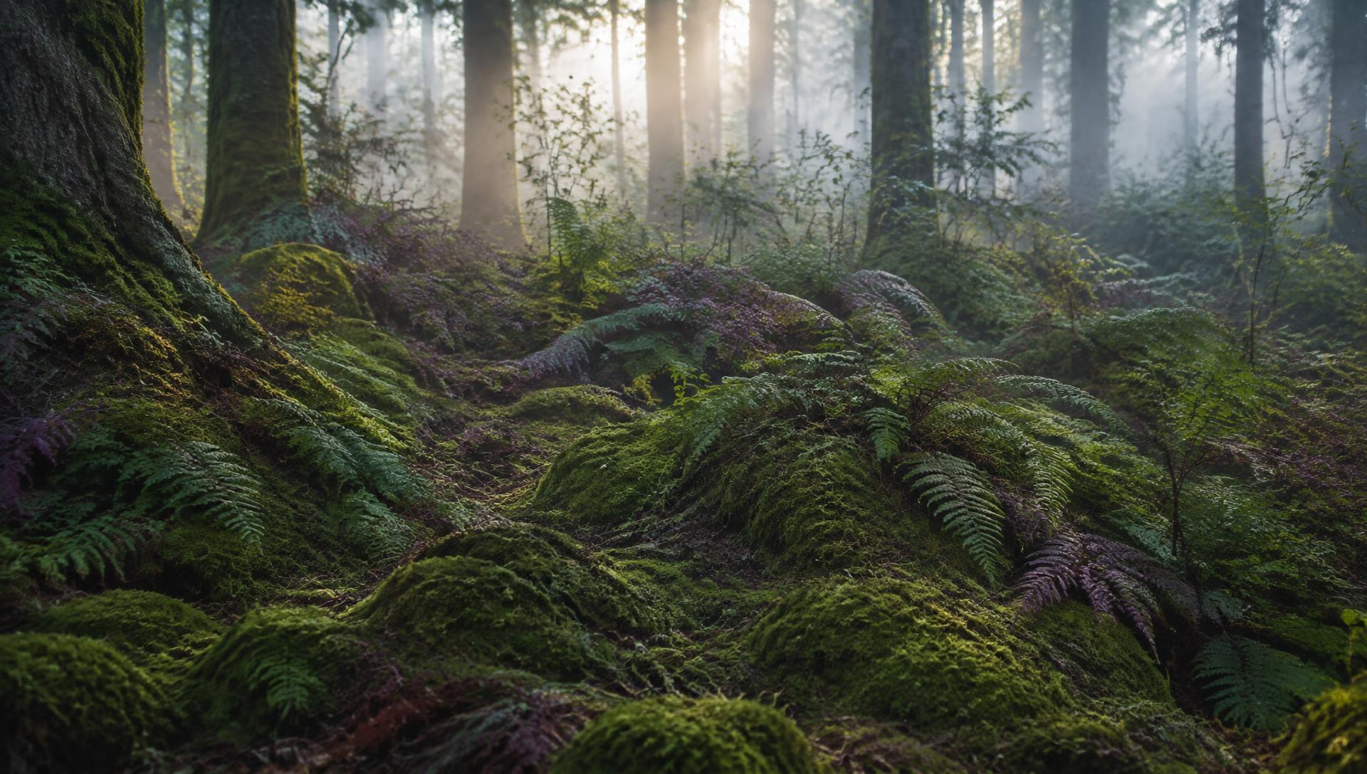 Mossy forest floor in morning mist