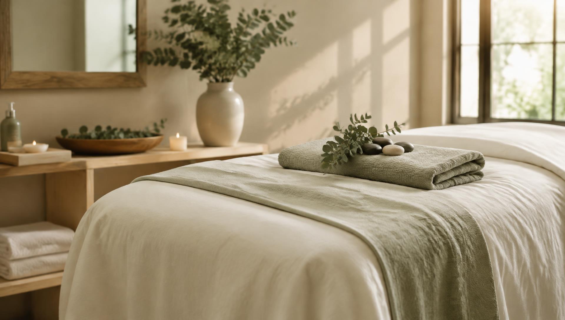A prepared massage table with sage linens and smooth stones