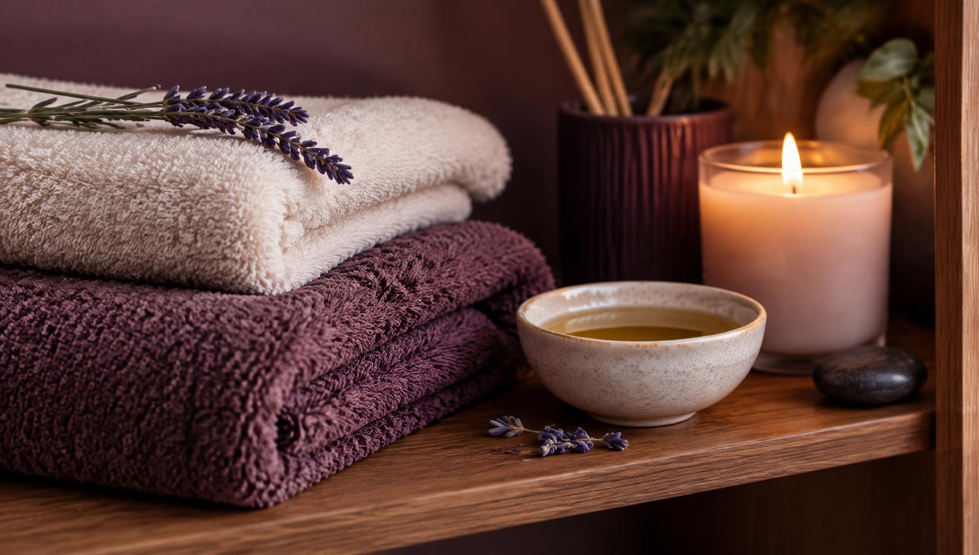 Folded towels, massage oil, and a candle on a wooden shelf